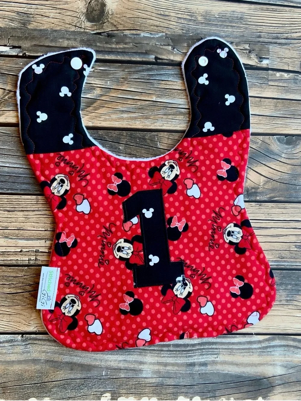 Red Minnie Mouse First Birthday Bib with Appliquéd Number 1